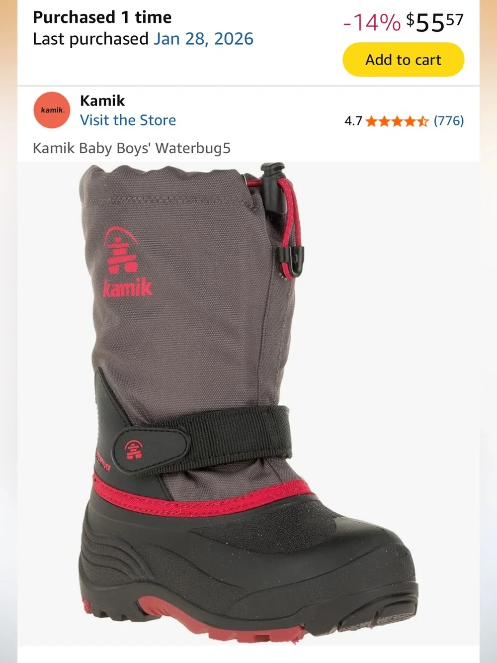 Kamik Kids Gray and Red Waterproof Snow Boots